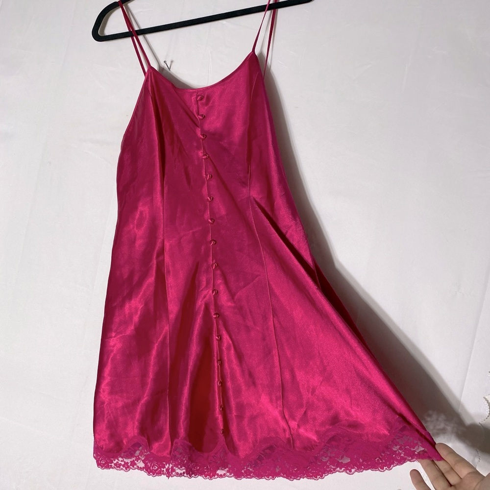 Vintage Y2K La Senza Hot Pink Button Front Satin Slip Dress Lingerie XL